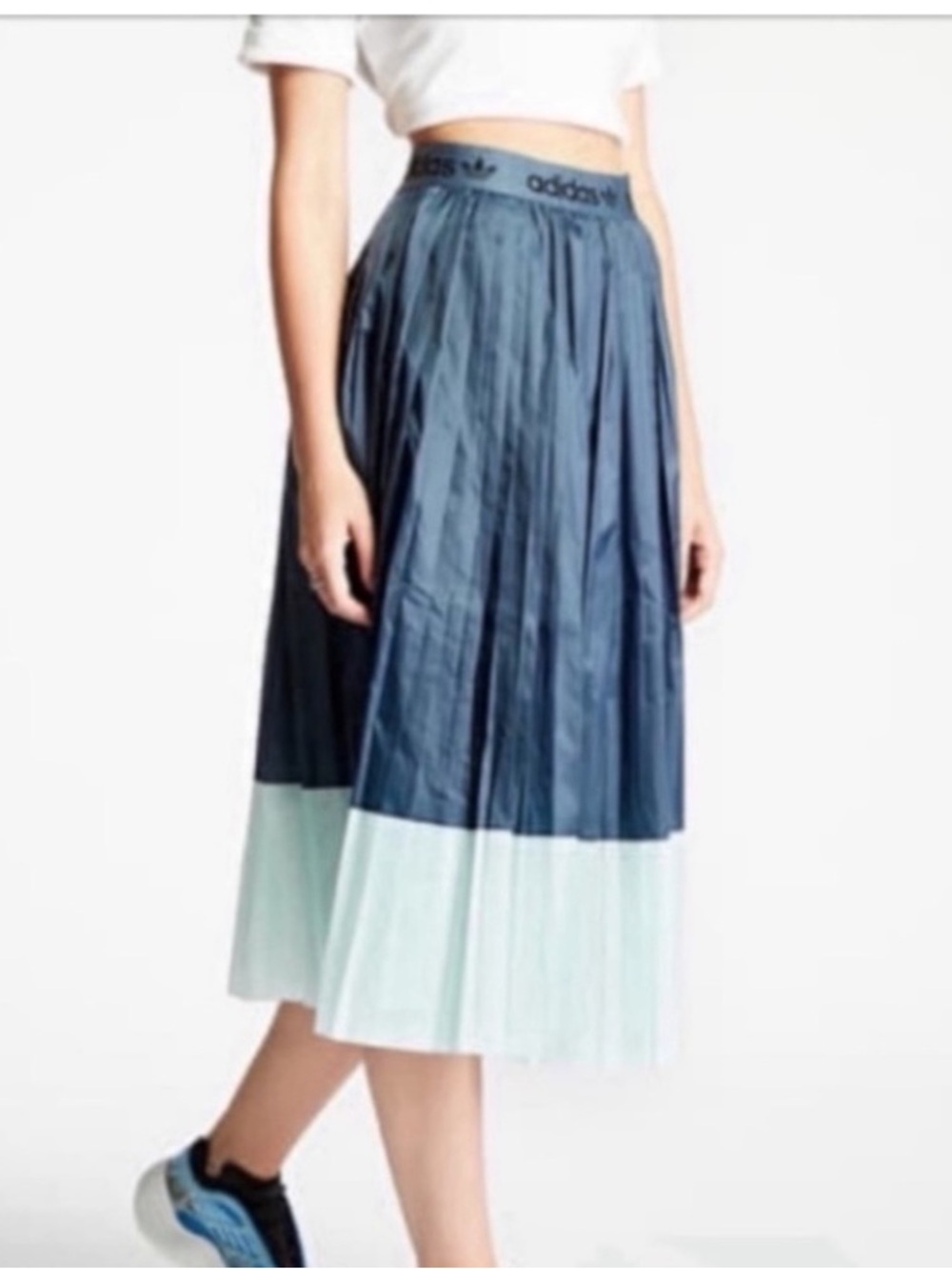 adidas Navy and Light Blue Two-Tone Pleated Midi Skirt